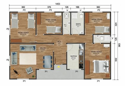 Aktaş Prefabrik Ev 4+1 Tek Katlı Prefabrik Ev 129 m2