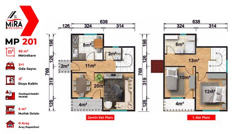 Mira Prefabrik 92 m2 İki Katlı Prefabrik Ev (MP201)