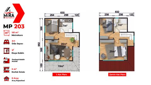 Mira Prefabrik 101 m2 İki Katlı Prefabrik Ev (MP203)