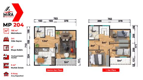 Mira Prefabrik 105 m2 İki Katlı Prefabrik Ev (MP204)