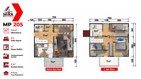 Mira Prefabrik 114 m2 İki Katlı Prefabrik Ev (MP205)