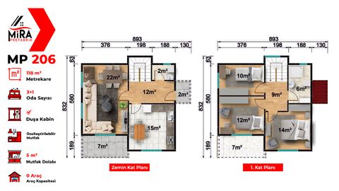 Mira Prefabrik 118 m2 İki Katlı Prefabrik Ev (MP206)