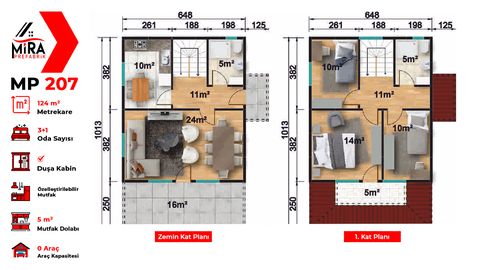 Mira Prefabrik 124 m2 İki Katlı Prefabrik Ev (MP207)