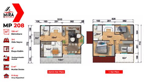 Mira Prefabrik 126 m2 İki Katlı Prefabrik Ev (MP208)