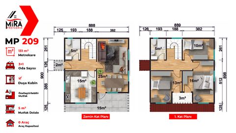 Mira Prefabrik 131 m2 İki Katlı Prefabrik Ev (MP209)