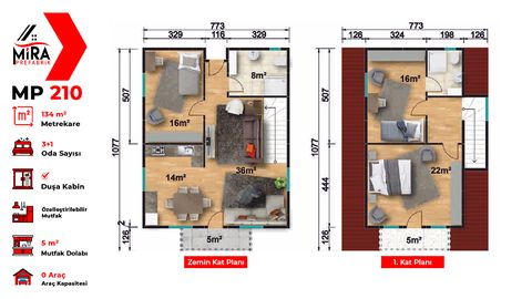Mira Prefabrik 134 m2 İki Katlı Prefabrik Ev (MP210)