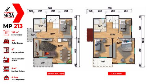 Mira Prefabrik 150 m2 İki Katlı Prefabrik Ev (MP213)