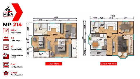 Mira Prefabrik 155 m2 İki Katlı Prefabrik Ev (MP214)