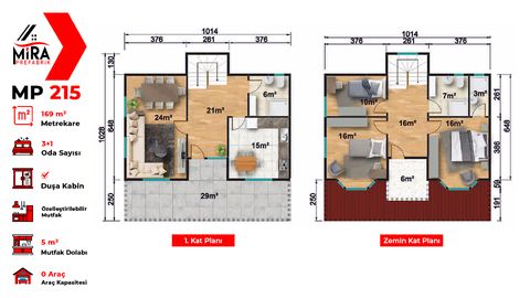 Mira Prefabrik 169 m2 İki Katlı Prefabrik Ev (MP215)